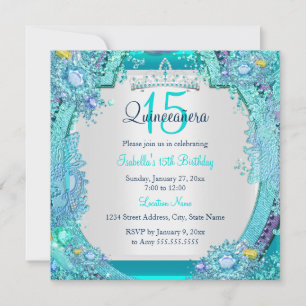 Türkisfarbene Ozean-Juwelen Quinceanera-Birthday-F Einladung