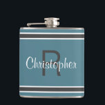 Türkisfarbene Personalisierte Monogrammbezeichnung Flachmann<br><div class="desc">Single Initial & Name Mit Monogramm Edelstahlflaschen sind zeitlos, klassisch und stilvoll. Unser einzigartiges Design ist das perfekte personalisierte Geschenk für diesen besondere Anlass. Bestellen Sie unsere integrierte Kollektion von koordinierenden Farben und Golf - Sportzubehör. Eine individuell mit Monogramm Initial- und Namenskombination wird in türkisfarbenem und grauem Design ergänzt. Die...</div>