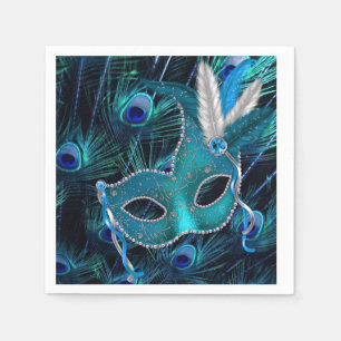 Türkisfarbene Pfauen-Maskenparty Serviette