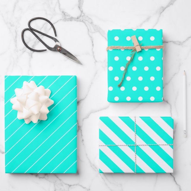 Türkisfarbene Polka-Punkte und Streifen Geschenkpapier Set (Vorderseite)