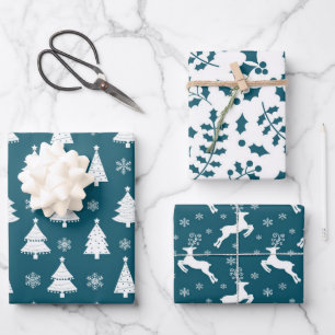 Türkisfarbene Rentiere, Weihnachtsbaum- und Stechp Geschenkpapier Set