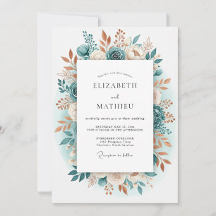 Türkisfarbene romantische florale Hochzeit Einladung