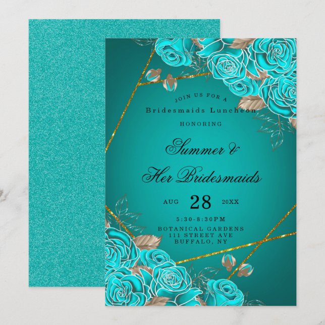 Türkisfarbene Rose Geometric Bridesmaids Luncheon Einladung (Vorne/Hinten)