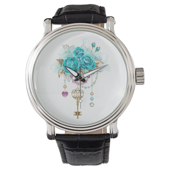 Türkisfarbene Rose mit Tasten Armbanduhr (Vorderseite)