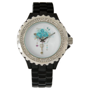 Türkisfarbene Rose mit Tasten Armbanduhr