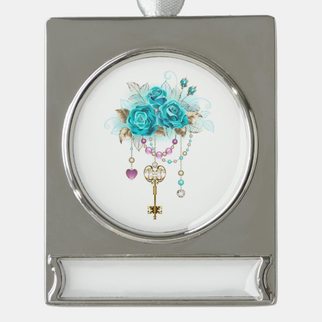 Türkisfarbene Rose mit Tasten Banner-Ornament Silber (Vorderseite)