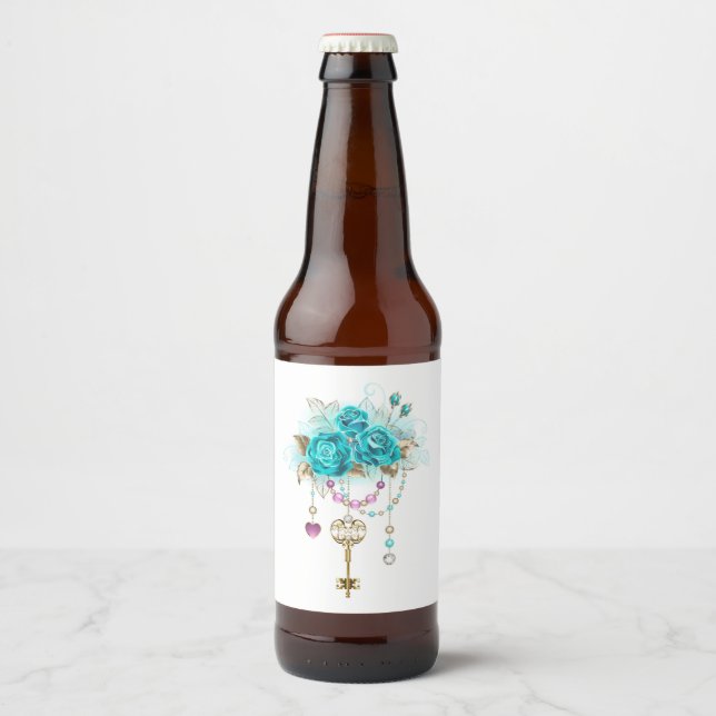 Türkisfarbene Rose mit Tasten Bierflaschenetikett (Vorderseite)