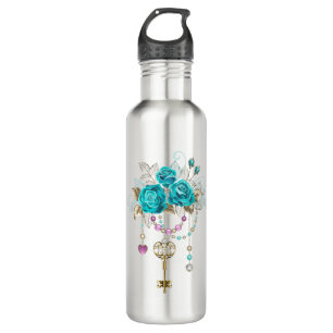 Türkisfarbene Rose mit Tasten Edelstahlflasche