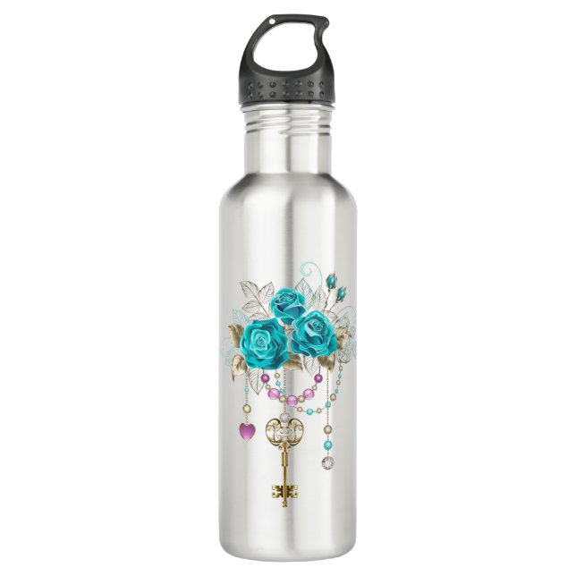 Türkisfarbene Rose mit Tasten Edelstahlflasche (Vorderseite)