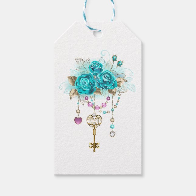 Türkisfarbene Rose mit Tasten Geschenkanhänger (Vorderseite)