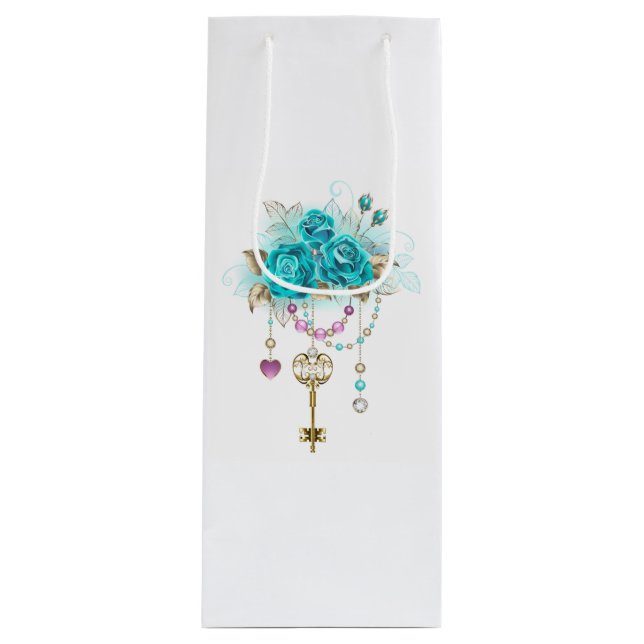 Türkisfarbene Rose mit Tasten Geschenktüte Für Weinflaschen (Vorderseite)