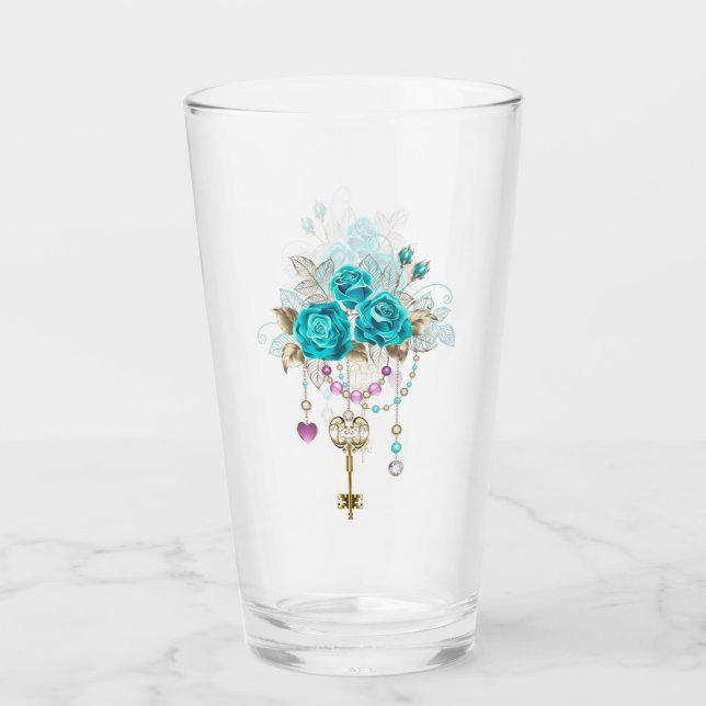 Türkisfarbene Rose mit Tasten Glas (Vorderseite)