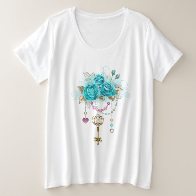 Türkisfarbene Rose mit Tasten Große Größe T-Shirt (Design vorne)