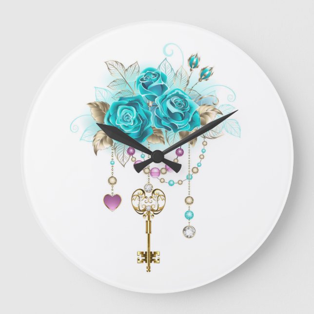 Türkisfarbene Rose mit Tasten Große Wanduhr (Vorderseite)