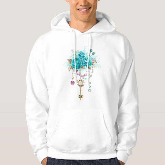 Türkisfarbene Rose mit Tasten Hoodie (Vorderseite)
