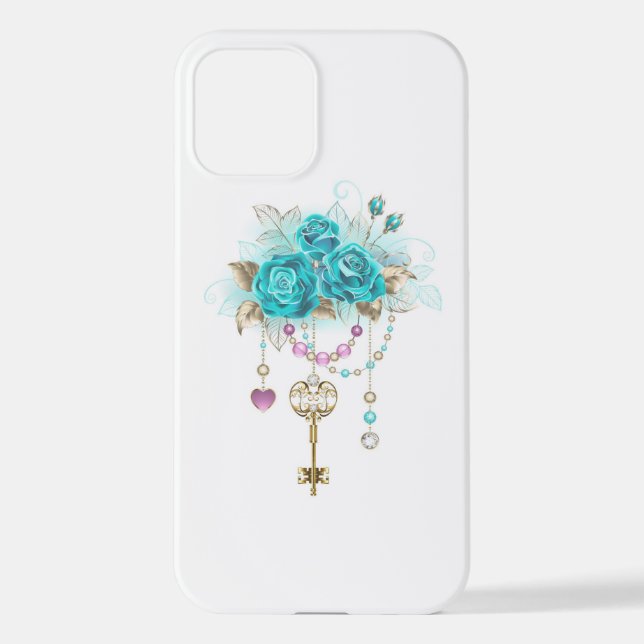 Türkisfarbene Rose mit Tasten iPhone 12 Hülle (Rückseite)