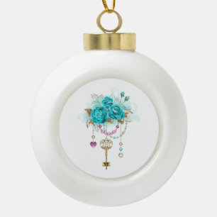 Türkisfarbene Rose mit Tasten Keramik Kugel-Ornament