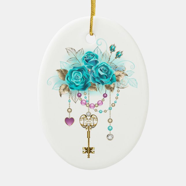 Türkisfarbene Rose mit Tasten Keramik Ornament (Vorne)