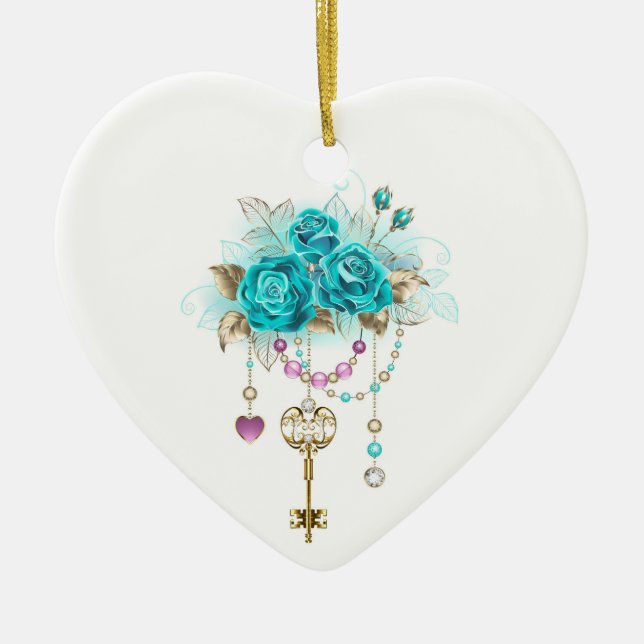 Türkisfarbene Rose mit Tasten Keramik Ornament (Vorne)