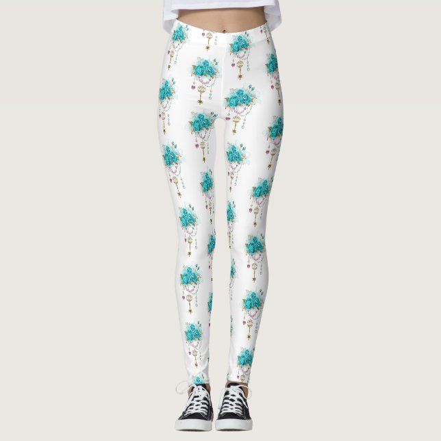 Türkisfarbene Rose mit Tasten Leggings (Vorderseite)