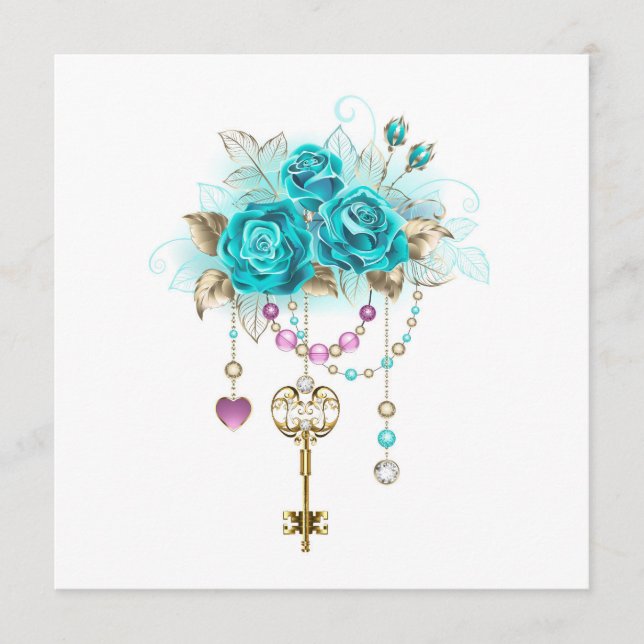 Türkisfarbene Rose mit Tasten Menükarte (Vorderseite)