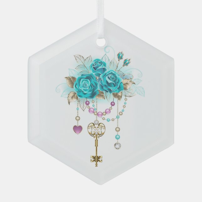 Türkisfarbene Rose mit Tasten Ornament Aus Glas (Vorderseite)