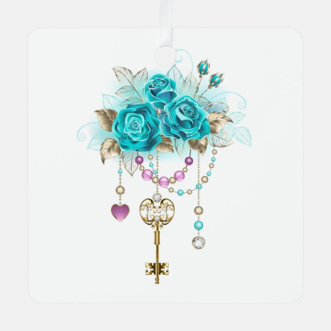 Türkisfarbene Rose mit Tasten Ornament Aus Metall (Vorderseite)