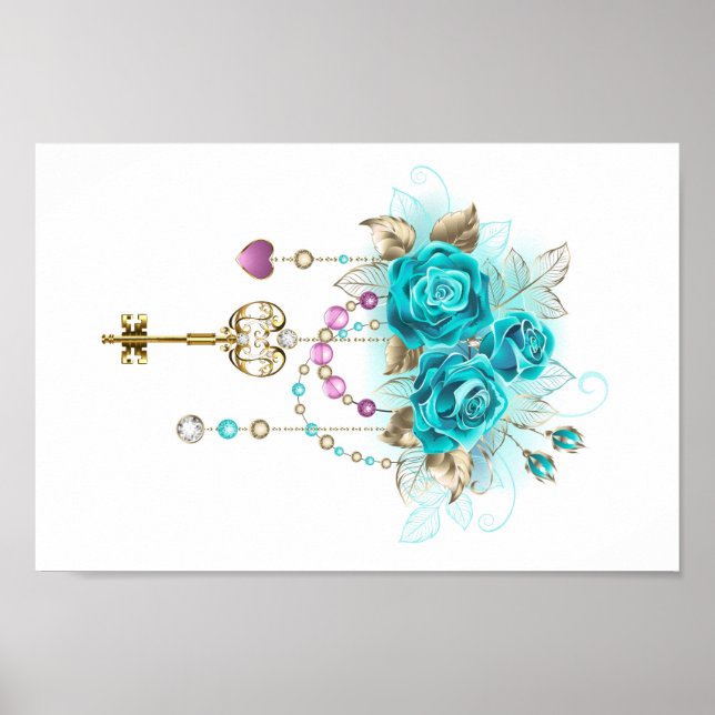 Türkisfarbene Rose mit Tasten Poster (Vorne)