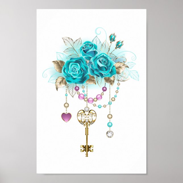 Türkisfarbene Rose mit Tasten Poster (Vorne)