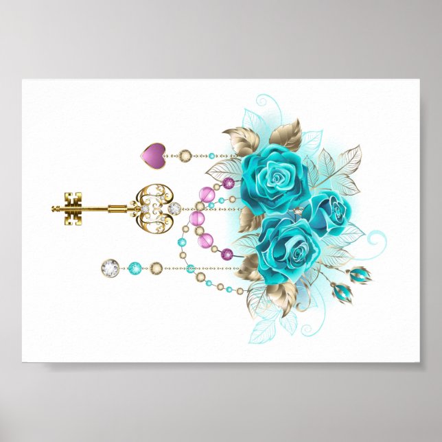 Türkisfarbene Rose mit Tasten Poster (Vorne)