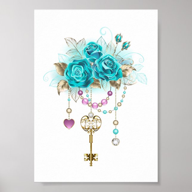 Türkisfarbene Rose mit Tasten Poster (Vorne)