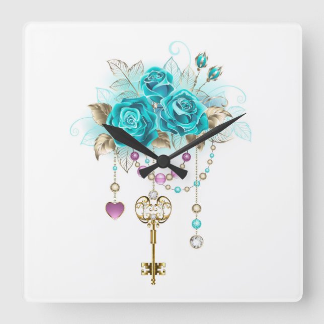 Türkisfarbene Rose mit Tasten Quadratische Wanduhr (Vorderseite)