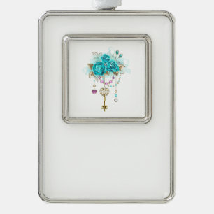 Türkisfarbene Rose mit Tasten Rahmen-Ornament Silber