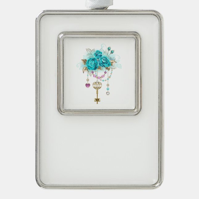 Türkisfarbene Rose mit Tasten Rahmen-Ornament Silber (Vorderseite)