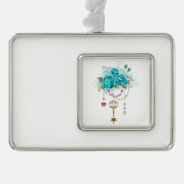 Türkisfarbene Rose mit Tasten Rahmen-Ornament Silber (Vorderseite)