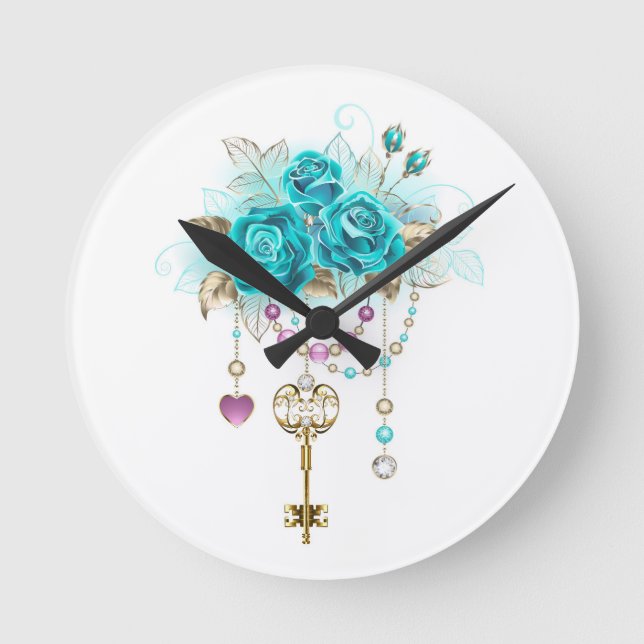 Türkisfarbene Rose mit Tasten Runde Wanduhr (Vorderseite)