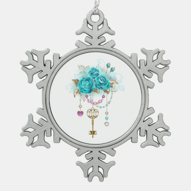 Türkisfarbene Rose mit Tasten Schneeflocken Zinn-Ornament (Vorderseite)