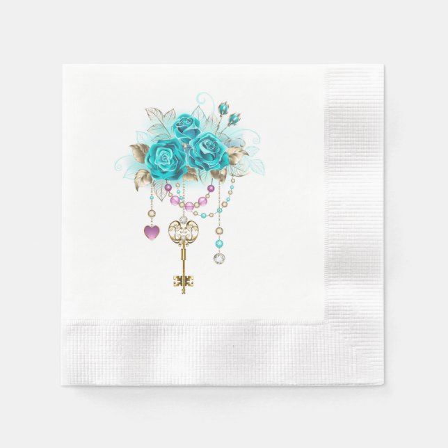 Türkisfarbene Rose mit Tasten Serviette (Vorderseite)