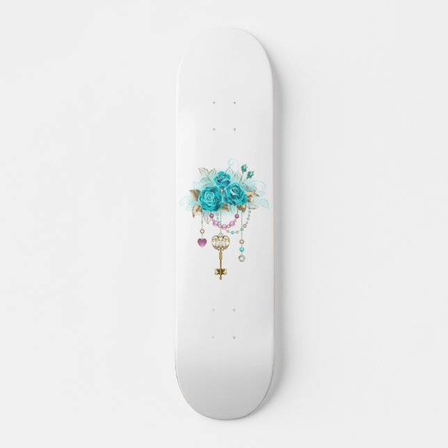 Türkisfarbene Rose mit Tasten Skateboard (Vorne)