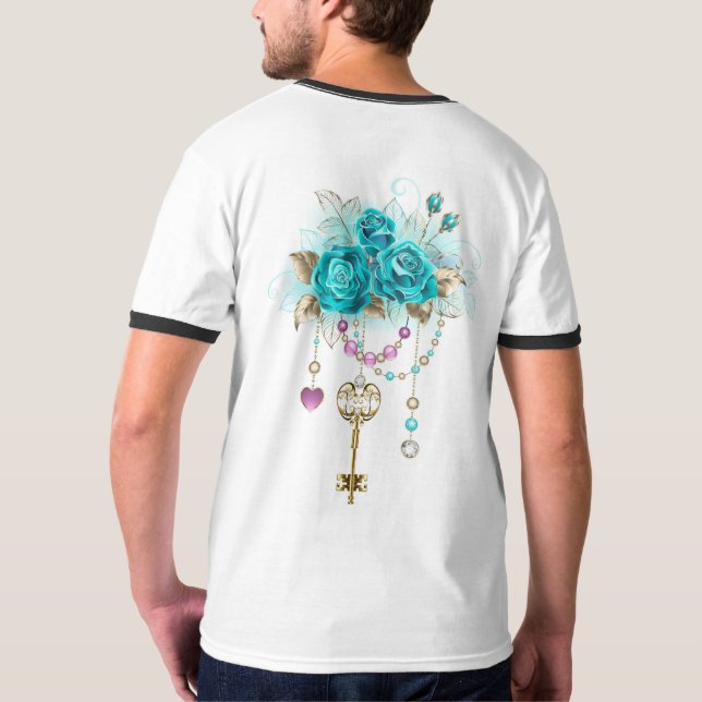 Türkisfarbene Rose mit Tasten T-Shirt (Rückseite)