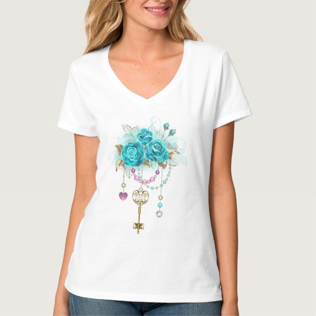 Türkisfarbene Rose mit Tasten T-Shirt (Vorderseite)