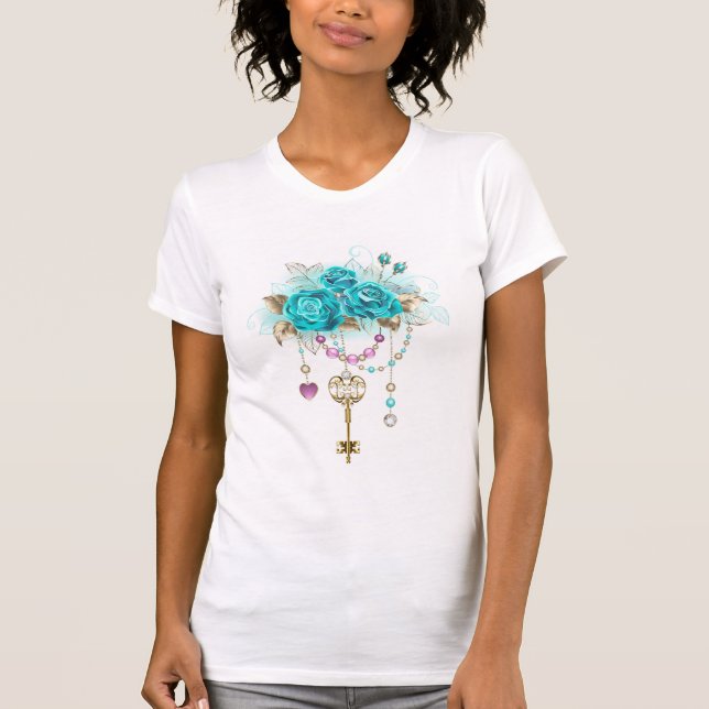 Türkisfarbene Rose mit Tasten T-Shirt (Vorderseite)