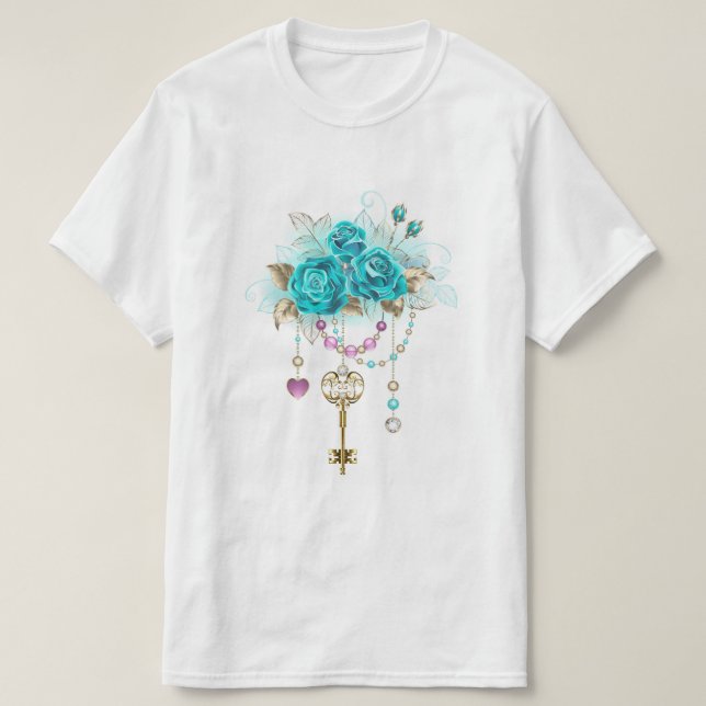 Türkisfarbene Rose mit Tasten T-Shirt (Design vorne)