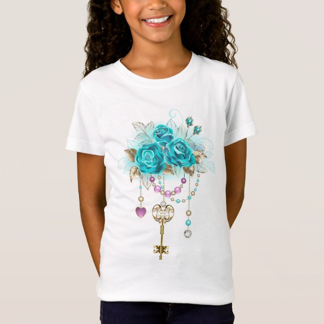 Türkisfarbene Rose mit Tasten T-Shirt (Vorderseite)