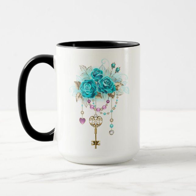 Türkisfarbene Rose mit Tasten Tasse (Links)