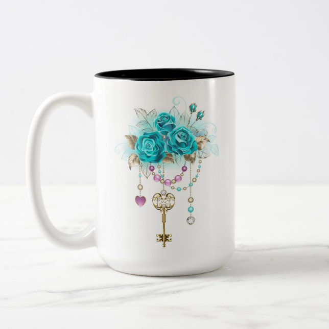 Türkisfarbene Rose mit Tasten Zweifarbige Tasse (Links)