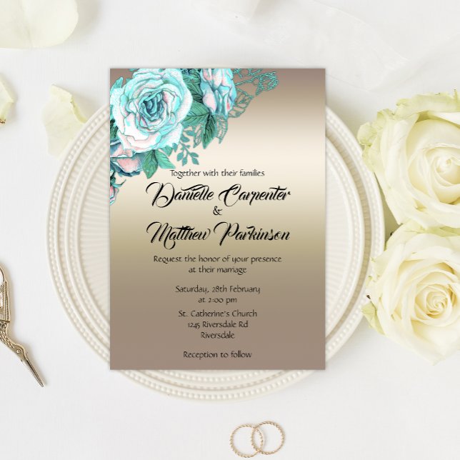 Türkisfarbene Rose und Goldene Eleganz Hochzeit Einladung (Von Creator hochgeladen)