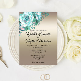 Türkisfarbene Rose und Goldene Eleganz Hochzeit Einladung