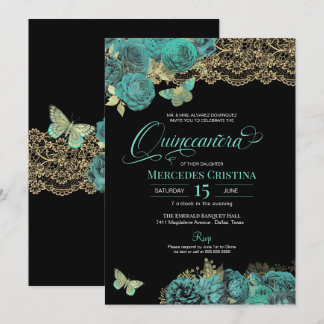 Türkisfarbene Rose und Schmetterling Quinceañera Einladung