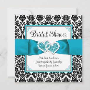 Türkisfarbene, schwarze Damast-Liebesherzen-Bridal Einladung